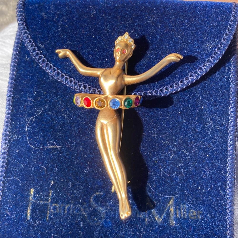 Vintage Ballerina Brooch Pin Harrice Simons Miller Gold Multicolored Rhinestones